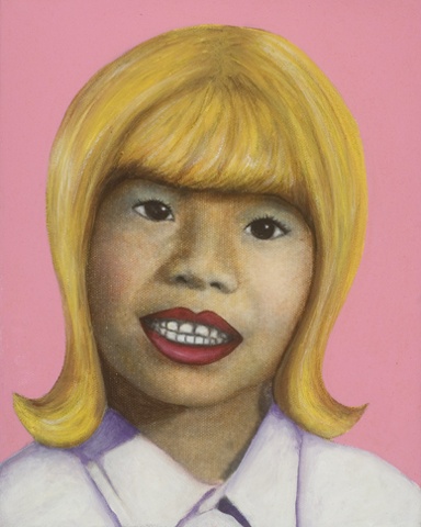 Miss Pham with Blonde Plastic Wig