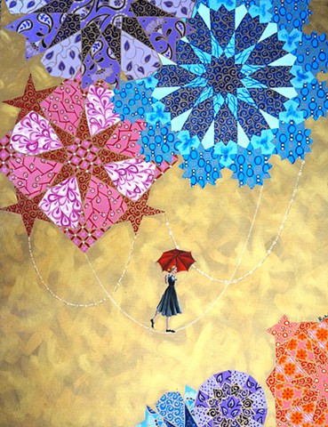tightrope, balance, acrylic painting, red umbrella, shimmering gold, colorful patterns, balancing woman