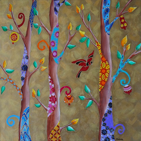 acrylic painting, trees, gold, bird flying through forrest, colorful patterns
