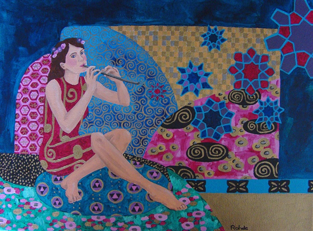 flute player, acrylic painting, girl, colorful