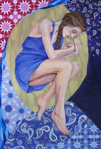 painting of girl dreaming in a swirl of patterns, sleeping woman, purple and gold