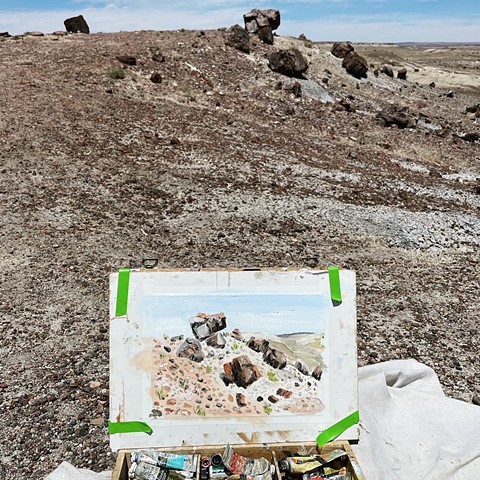 On location plein air painting of Water Soluble Souvenir [Petrified Wood] in Petrified Forest National Park