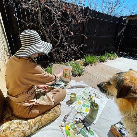 Painting from observation in my garden with Boy George the dog