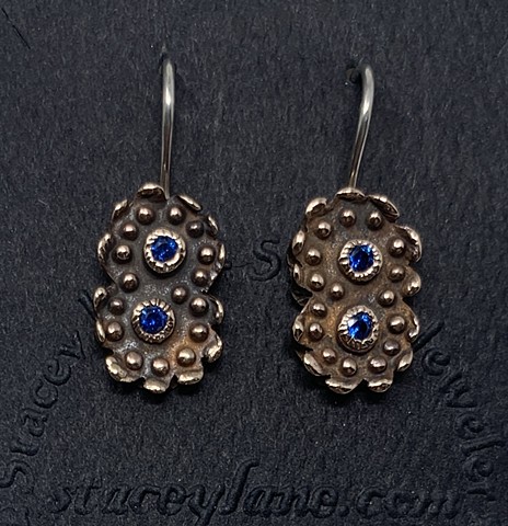 Double Dotted Disk Earrings in Bronze with Lab Created Blue Sapphires
