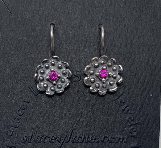 Dotted Disk Earrings in Sterling and Lab Created Rubies set in Dots