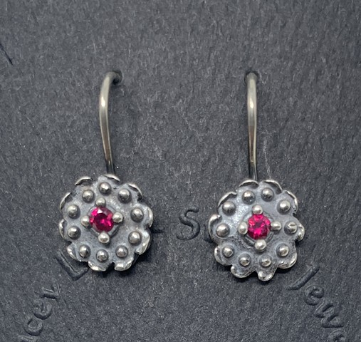 Dotted Disk Earrings in Sterling with Lab Created Garnets set in Dots