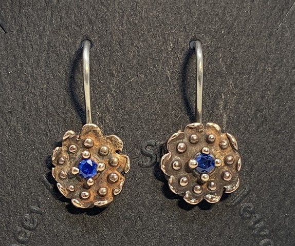 Dotted Disk Earrings in Bronze and Sterling with Lab Created Sapphires set in Dots