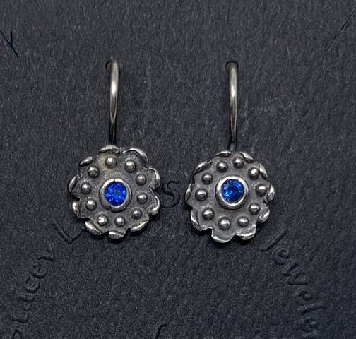 Dotted Disk Earrings in Sterling with Lab Created Blue Sapphires set in Bezel