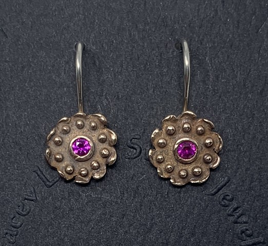 Dotted Disk Earrings in Bronze with Lab Created Rubies set in Bezels