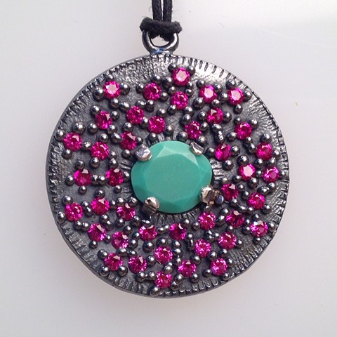 Encrusted Medallion in Sterling with Lab Grown Rubies and Turquoise