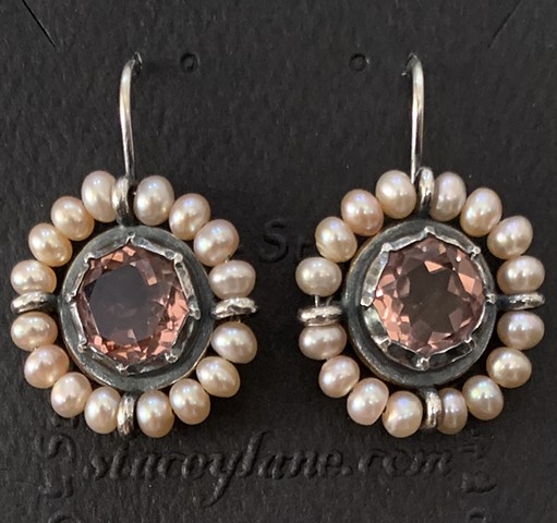 Surround Earrings with Georgian Set Peach Stones and Pearls