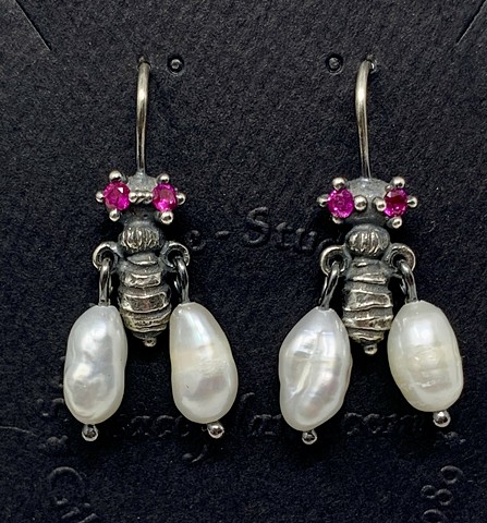 Fly Earrings in Sterling with Lab Created Rubies and Pearls