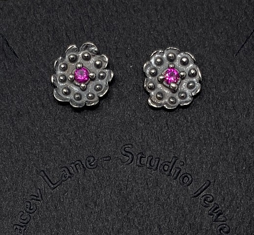 Dotted Disk Post Earrings in Sterling with Lab Created Rubies