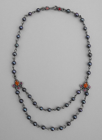Grey Pearl with Teardrop Carnelion and Sapphire Necklace