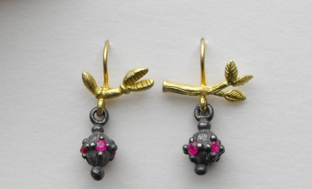 Claw, Branch and Lantern Earrings with Rubies