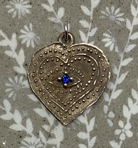 Bronze Heart Love Token with Lab Created Blue Sapphire