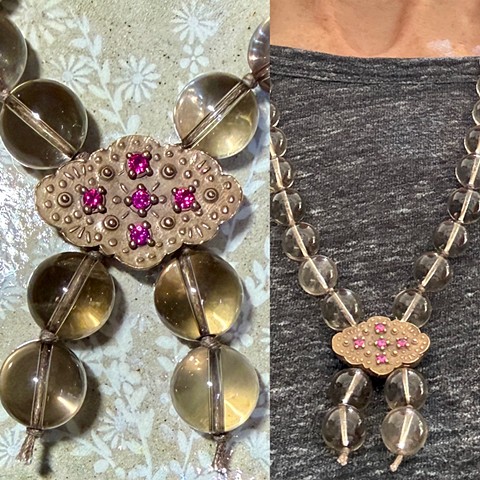 Smoky Quartz and Bronze Quatrefoil Necklace