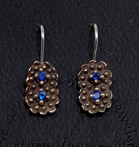 Double Disk Earrings in Bronze and Silver with Lab Created Blue Sapphires Set in Dots