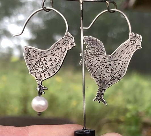Engraved Chicken and Rooster Earrings