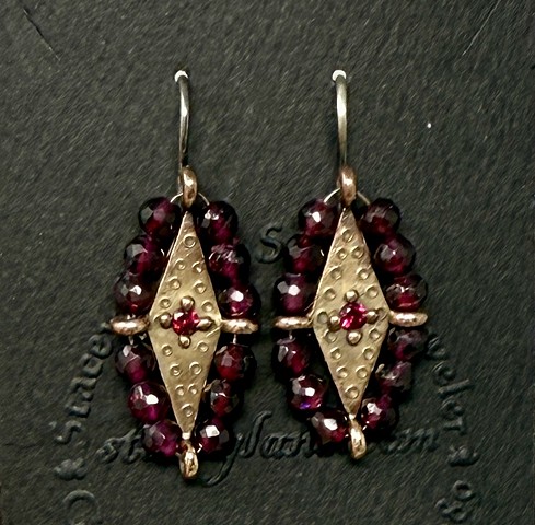 Diamond Shaped Surround Earrings with Garnets