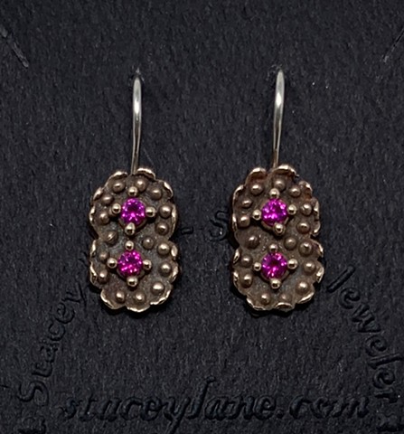 Double Disk Earrings in Bronze and Silver with Lab Created Rubies Set in Dots