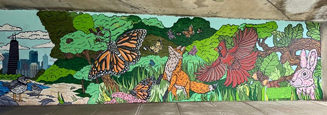 Fox, Buterfly, Cardinal, Bunny detail of "Day" side of mural