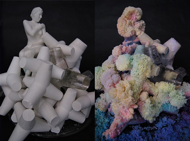 The woman is filled with salt water and dye. as she weeps the colored liquid the salt dries and starts to build up salt crystals. 