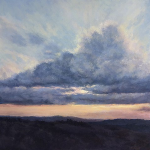dramatic and serene oil painting of dusk featuring big illuminated clouds above layers of dark hills