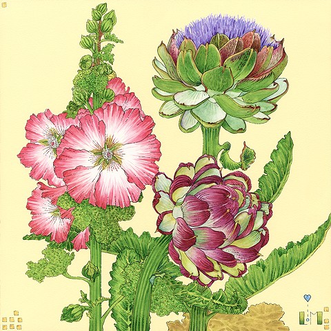artichokes,hollyhocks, floral, gardens, gardening, botanicalwatercolors, watercolors, watercolours