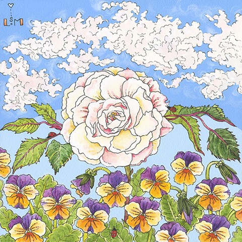 A white rose floats in a blue sky below some curly white clouds