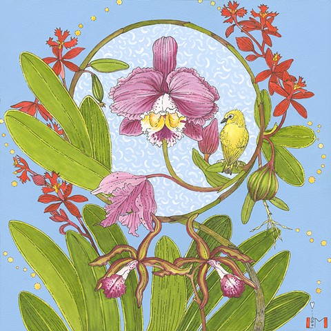 orchids and a small yellow bird