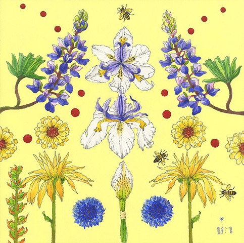 lupine,iris,bachelorbutton,fiori,fiore,floral,garden,gardens,yellowandblue,bees,bee