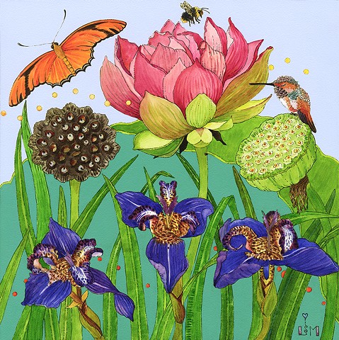 Lotus,iris,hummingbird,lotus garden, lotus pods, bumblebee, orange butterfly,butterfly