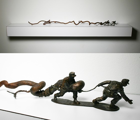 bronze casting of trees branch and army man plastic figure organic burnout