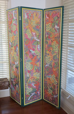 Three panel screen, silk, Gutta resist dyed 