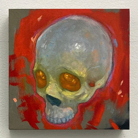 new year party celebration reds glow skull orange yellow oil painting on panel