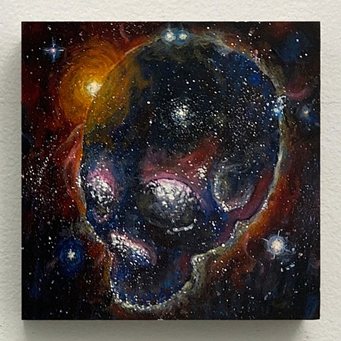 skull oil on panel painting memento mori color galaxy space stars sun solar system