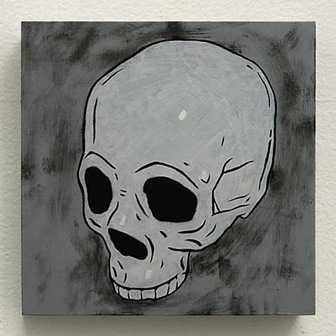 skull kyle andrew phillips new york nyc brooklyn bk greenpoint oil on panel painting oil old timey cartoon black and white grey gray