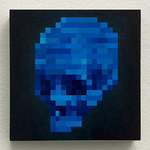 skull kyle andrew phillips new york nyc brooklyn bk greenpoint oil bule on panel painting oil pixel blue ocean pixelated