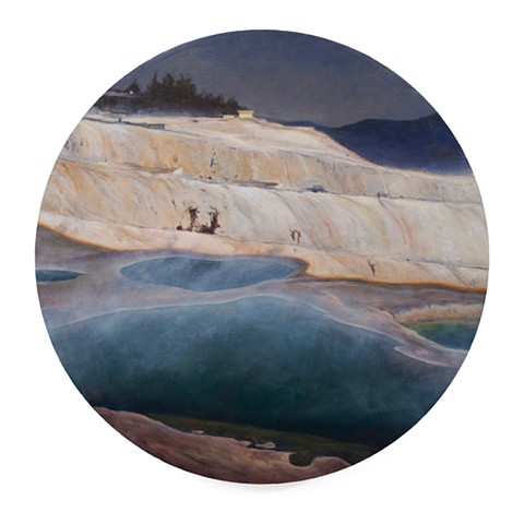 Whit Hot Pamukkale Cliffs is a realistic landscape painting by Kyle Andrew Phillips. It is 20 inches in diameter done in oil on a wood panel tondo.