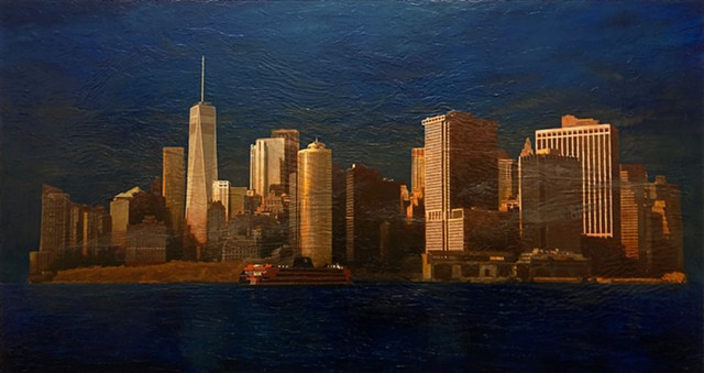 Isle of the Dead NYC New York City oil painting Arnold Bocklin tribute blue gold manhattan