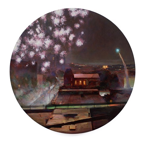 'Fireworks Over Broadway' is a realistic landscape painting by 'Kyle Andrew Phillips'. It is 20 inches in diameter done in oil on a wood panel tondo.