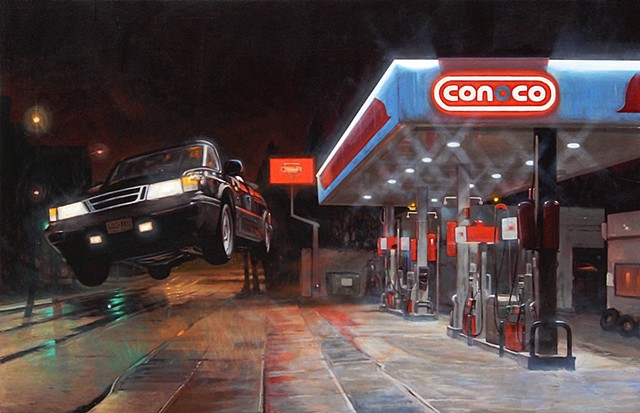 Saab 900 Turbo Convertible 1990 flying surreal rain gas station nighttime nocturne urban oil painting 