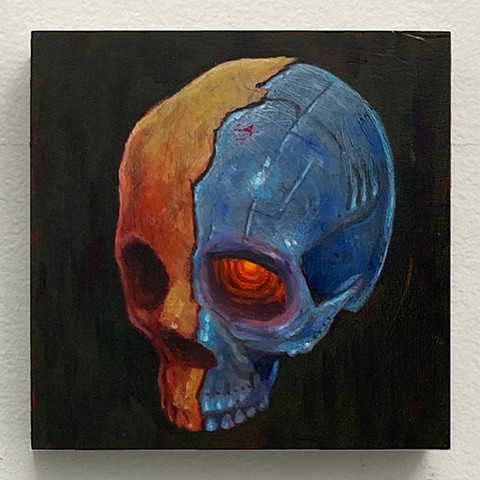 skull oil on panel painting memento mori color terminator hasta la vista baby robot