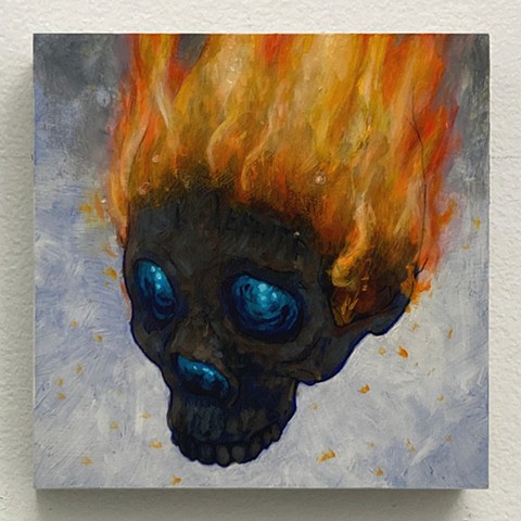 skull kyle andrew phillips new york nyc brooklyn bk greenpoint oil on panel painting oil sweettooth flaming on fire hot heat insane