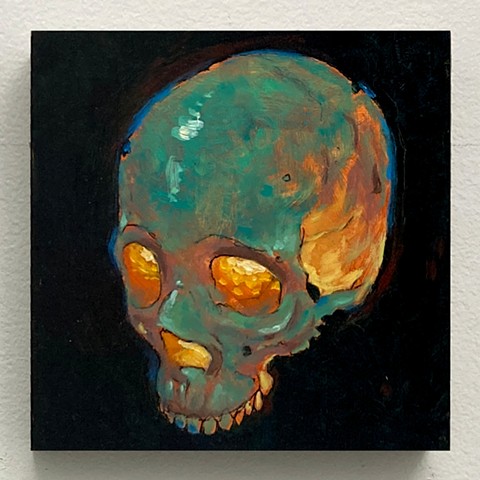 skull kyle andrew phillips new york nyc brooklyn bk greenpoint oil on fire glowing fiesta day of the dead green color panel painting oil 