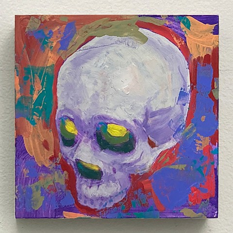 skull oil on panel painting memento mori color 90's 1990 cool color purple pink green thick paint