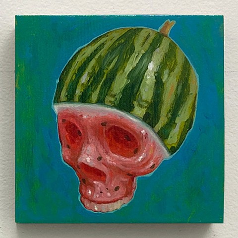skull oil on panel painting memento mori color watermelon summer green