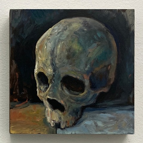 oil painting on panel skull Cezanne France memento mori death dark still life Brooklyn NY New York City