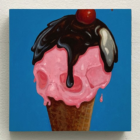 skull kyle andrew phillips new york nyc brooklyn bk greenpoint oil on panel painting oil ice cream pink cherry on to chocolate strawberry syrup